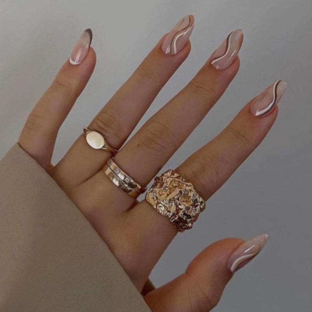 24 pcs Brown Swirl Almond Press On Nails| Glue On Nail Set | Press On Nail Short